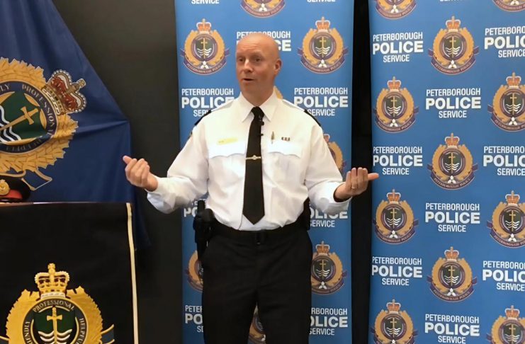 Peterborough police chief expects ‘heavy enforcement’ against open-air drug use after CTS closure Chief Stuart Betts explains the Peterborough Police Service's new 'Safer Public Spaces' approach to the open-air use of illicit drugs in public spaces in the community at a media conference at the Peterborough police station on October 5, 2023. (kawarthaNOW screenshot of police video)