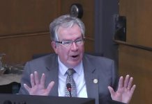 Peterborough Mayor Jeff Leal spoke about pickleball at city council's general committee meeting on April 2, 2024 where council discussed the controverial Bonnerworth Park redevelopment. Earlier in the meeting, he told councillor Alex Bierk "You're going to regret you ever said that" and "I'll carve you like a Thanksgiving turkey" after Bierk publicly mentioned the mayor's wife by name. The City of Peterborough's integrity commissioner concluded the mayor had breached council's code of conduct by intimidating Alex Bierk and, following the meeting out of public view, also bullied councillor Joy Lachica. (kawarthaNOW screenshot of City of Peterborough video)