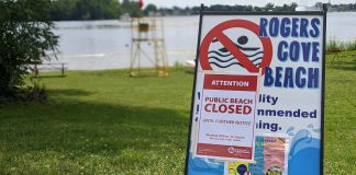 Peterborough Public Health closed beaches at Rogers Cove and Beavermead Park in Peterborough on July 14, 2023 due to possibly harmful blue-green algae blooms. The health unit has announced it will resume weekday testing of the beach's water quality as of June 12, 2025, reversing an earlier decision to stop testing. (Photo: Bruce Head / kawarthaNOW)