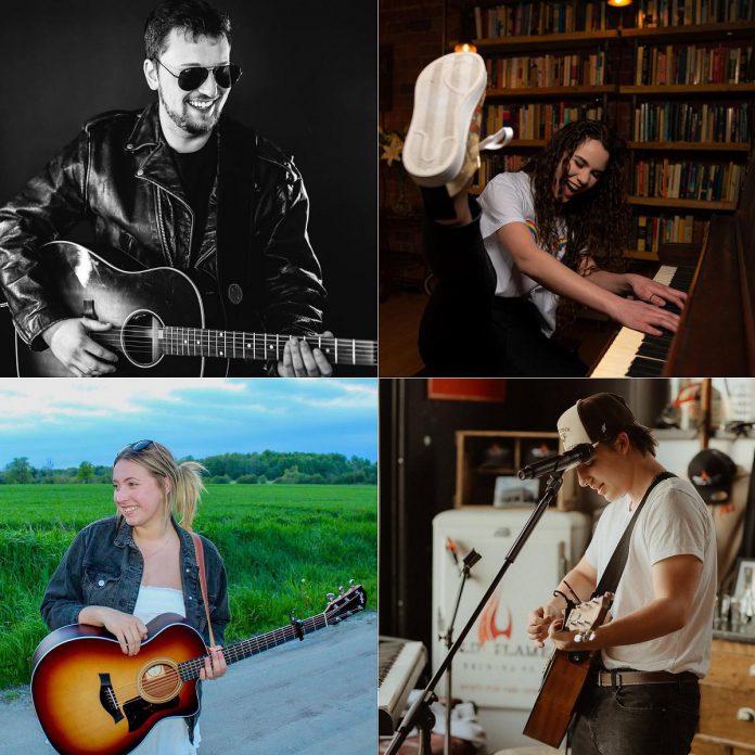 Along with Pat Rees, other musicians performing at the "Songs For A Stronger Tomorrow" benefit concert for addiction and mental health services provided by the Canadian Mental Health Association (CMHA) Haliburton, Kawartha, Pine Ridge on June 28, 2025 at 100 Acre Brewing Co. in Peterborough are (left to right, top and bottom) Brad Renault, Alex Whorms, Laura Pointon, and Brodie Bell. (kawarthaNOW collage of artist photos)
