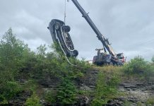 A vehicle is removed from the Talbot River north of Kirkfield on June 28, 2025. (Photo: Kawartha Lakes OPP)