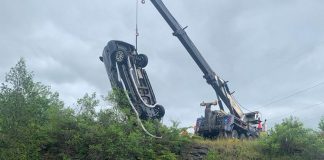 A vehicle is removed from the Talbot River north of Kirkfield on June 28, 2025. (Photo: Kawartha Lakes OPP)