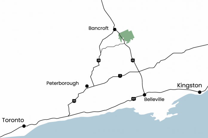 The location of the 26,300-acre property south of Bancroft known as 'The Park'. Land'escapes owner Ben Samann has worked with the Ontario Conservation Accelerator to have the property recognized as a protected area by both the Governments of Ontario and Canada. (Graphic: Land'escapes)