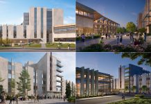 Renderings of Gidigaa Migizi College (top) and the new Otonabee College residence (bottom) at Trent University in Peterborough. Construction of the two new buildings will take place over three years with expected completion in fall 2028. (kawarthaNOW collage of renderings by Diamond Schmitt Architects)