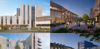 Renderings of Gidigaa Migizi College (top) and the new Otonabee College residence (bottom) at Trent University in Peterborough. Construction of the two new buildings will take place over three years with expected completion in fall 2028. (kawarthaNOW collage of renderings by Diamond Schmitt Architects)