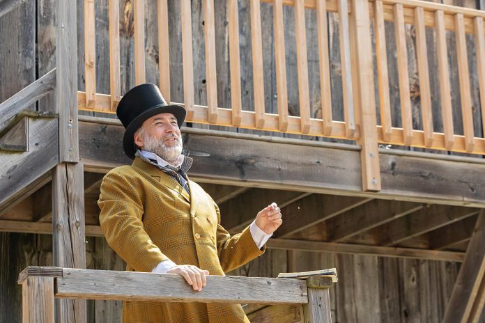 Actor M. John Kennedy as Upper Canada politician Peter Robinson in a scene from "Wild Irish Geese" at a media event at 4th Line Theatre's Winslow Farm on July 16, 2025. In 1825, Robinson administered the emigration of 2,024 Irish settlers, including 234 families, who were carried aboard nine migrant ships that sailed to Canada, with many of the emigrants settling in the Peterborough region. (Photo: Jordan Lyall Photography for kawarthaNOW)