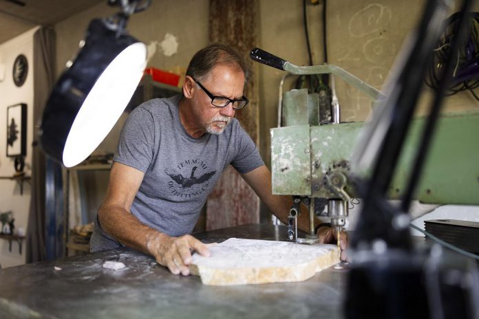 Nick Leniuk is a Peterborough stone carver and sculptor who pays homage to the forest by transforming trees into inspirational stone sculptures. Leniuk will be giving live demonstrations out of his Peterborough studio, which is Tour Stop 7 of the 41st annual Kawartha Autumn Studio Tour on September 27 and 28, 2025. (Photo: Zach Ward)
