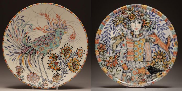 "Fancybird" (2024, hand-painted porcelain bowl) and "Garden" (2024, hand-painted porcelain plate) are two works by Thomas Aitken and Kate Hyde, collaborative ceramicists who work out of their studio in Warsaw. Aitken and Hyde will be hosting visitors at Tour Stop 22 of the 41st annual Kawartha Autumn Studio Tour on September 27 and 28, 2025. (Photos courtesy of Art Gallery of Peterborough)