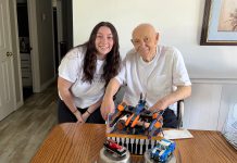 Trent University social work graduate Kellie Dowdall, an in-home recreation therapy volunteer with the Alzheimer Society of Peterborough, Kawartha Lakes, Northumberland, and Haliburton, joined Bob at his home for at least one hour per week since the fall of 2024 to engage in a number of social activities, including building with LEGO blocks. The in-home recreation therapy program is just one of the many flexible opportunities available for people who are interested in volunteering with the organization that supports people living with Alzheimer's disease and other forms of dementia and their families. (Photo courtesy of Alzheimer Society PKLNH)