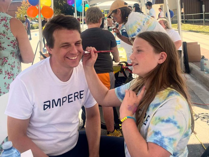 Ampere CEO and founder Ryan Oliver having his face painted on August 29, 2024 in Lindsay during the educational organization's Level-Up Summer Street Festival, which also celebrated the opening of its Makerspace & Learning Centre on Peel Street. For 2025, Ampere is hosting STEAM Fest on Saturday, August 16, offering for people of all ages a chance to explore science, technology, engineering, arts, and math (STEAM) with STEAM-based activities, live music from local artists, Indigenous storytelling, giveaways, interactive games, access to a sensory safe space, and more. (Photo: Ampere) Ampere CEO and founder Ryan Oliver having his face painted on August 29, 2024 in Lindsay during the educational organization's Level-Up Summer Street Festival, which also celebrated the opening of its Makerspace & Learning Centre on Peel Street. For 2025, Ampere is hosting STEAM Fest on Saturday, August 16, offering for people of all ages a chance to explore science, technology, engineering, arts, and math (STEAM) with STEAM-based activities, live music from local artists, Indigenous storytelling, giveaways, interactive games, access to a sensory safe space, and more. (Photo: Ampere)