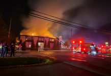 Flames engulf the Arrowsmith School building at 366 Parkhill Avenue East in Peterborough in the early morning of July 14, 2025. (Photo: David Horwood)