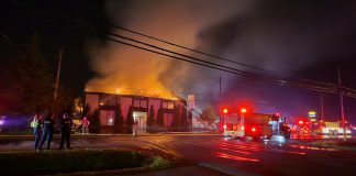 Flames engulf the Arrowsmith School building at 366 Parkhill Avenue East in Peterborough in the early morning of July 14, 2025. (Photo: David Horwood)