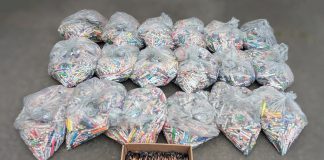 Clean Up Peterborough's month-long Writing Instrument Challenge in June collected 26,772 used writing instruments, filling 18 bags and one box, which represents 158.11 kilograms of waste that will be diverted from landfills and instead recycled into new plastic products through TerraCycle's specialized program. (Photo: Steve Paul / Clean Up Peterborough)
