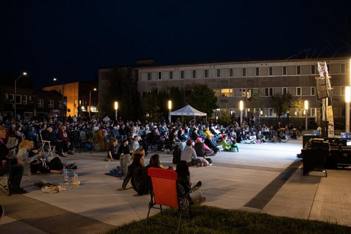 While Quaker Foods City Square was used in May 2023 to host a community watch party for the Peterborough Petes' Ontario Hockey League championship run (pictured), summer 2025 is the first time outdoor movies have been screened at the City of Peterborough park. (Photo: Peterborough Downtown Business Improvement Area)