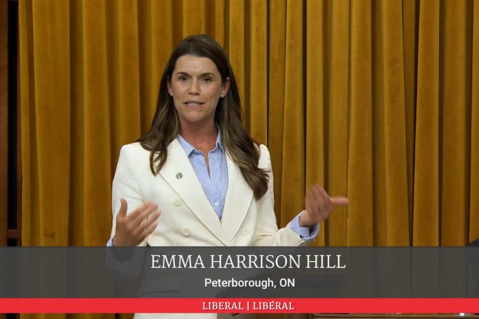 Peterborough MP Emma Harrison responding to a question from an opposition member in the House of Commons on June 12, 2025. "As a new member, it is honestly surprising that this is the way things are carried out. I do believe Canadians are expecting more from us besides this back-and-forth tit-for-tat." (kawarthaNOW screenshot)