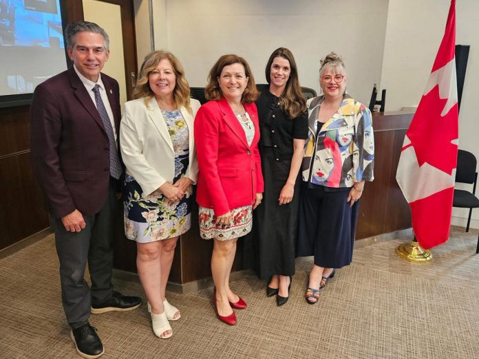 Peterborough MP Emma Harrison (second from right) was elected the English-speaking vice-chair of the Liberal Women's Caucus. Also pictured is vice-chair (male ally) Kitchener-Conestoga MP Tim Louis, French-speaking vice-chair Sudbury MP Viviane Lapointe, chair Rivière-des-Mille-Îles MP Linda Lapointe, and treasurer Cumberland-Colchester MP Alana Hirtle. (Photo: Office of Linda Lapointe)