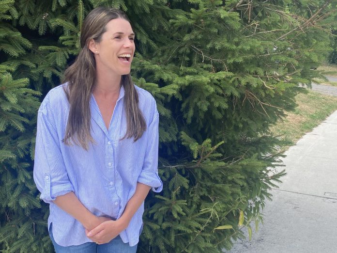 Peterborough MP Emma Harrison laughs during an interview with kawarthaNOW's Paul Rellinger at her Bethune Street constituency office on July 7, 2025. With the House of Commons now in summer recess, the first-time MP's current priority is getting her constituency office in order before returning to Ottawa when the House resumes on September 15. (Photo: Paul Rellinger / kawarthaNOW)
