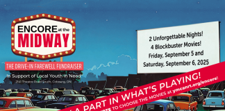 YMCA Northumberland is getting ready for "Encore at the Midway," a fundraiser at the historic Midway Drive-In Theatre near Port Hope, which runs on September 5 and 6, 2025. Residents can vote now for the four movies to be shown at the 2141 Theatre Road South venue, which closed in 2023 and is reopening for this special event. (Graphic: YMCA Northumberland)