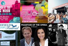 encoreNOW for July 14, 2025 features (from left to right, top and bottom) "Murder at the Blue Moon Saloon" at Globus Theatre in Bobcaygeon, "Steel Magnolias" at the Capitol Theatre in Port Hope, the North of Nowhere country music festival at the Lindsay Fairgrounds, the Lakefield Literary Festival in Lakefield, "Phantom of the Opera in Concert" at Westben in Campbellford, and The Spades and The Weber Brothers at Peterborough Musicfest. (kawarthaNOW collage)