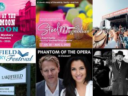 encoreNOW for July 14, 2025 features (from left to right, top and bottom) "Murder at the Blue Moon Saloon" at Globus Theatre in Bobcaygeon, "Steel Magnolias" at the Capitol Theatre in Port Hope, the North of Nowhere country music festival at the Lindsay Fairgrounds, the Lakefield Literary Festival in Lakefield, "Phantom of the Opera in Concert" at Westben in Campbellford, and The Spades and The Weber Brothers at Peterborough Musicfest. (kawarthaNOW collage)