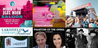 encoreNOW for July 14, 2025 features (from left to right, top and bottom) "Murder at the Blue Moon Saloon" at Globus Theatre in Bobcaygeon, "Steel Magnolias" at the Capitol Theatre in Port Hope, the North of Nowhere country music festival at the Lindsay Fairgrounds, the Lakefield Literary Festival in Lakefield, "Phantom of the Opera in Concert" at Westben in Campbellford, and The Spades and The Weber Brothers at Peterborough Musicfest. (kawarthaNOW collage)