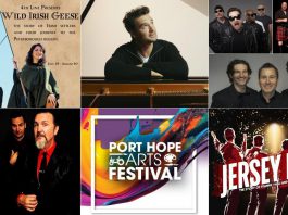 encoreNOW for July 28, 2025 features (from left to right, top and bottom) "Wild Irish Geese" at 4th Line Theatre in Millbrook, Michael Kaeshammer at Westben in Campbellford, Irish Week at Peterborough Musicfest (Acrobat - The U2 Tribute Band, Mudmen with Irish Millie, and The Celtic Tenors), Big Sugar at The Grove Theatre in Fenelon Falls, the Port Hope Arts Festival, and "Jersey Boys" at Bancroft Village Playhouse. (kawarthaNOW collage)