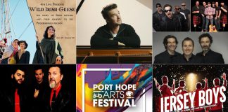 encoreNOW for July 28, 2025 features (from left to right, top and bottom) "Wild Irish Geese" at 4th Line Theatre in Millbrook, Michael Kaeshammer at Westben in Campbellford, Irish Week at Peterborough Musicfest (Acrobat - The U2 Tribute Band, Mudmen with Irish Millie, and The Celtic Tenors), Big Sugar at The Grove Theatre in Fenelon Falls, the Port Hope Arts Festival, and "Jersey Boys" at Bancroft Village Playhouse. (kawarthaNOW collage)