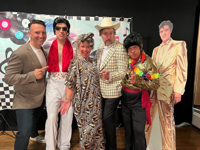 The cast of Globus Theatre's 2024 summer murder mystery dinner theatre event "Who Killed the King," including Kerry Griffin (second from left). According to Griffin, who will be performing in the Bobcaygeon theatre company's "Murder at the Blue Moon Saloon" from July 16 to July 26, 2025, some of the fun of a murder mystery is the participation from audience members who ask sometimes unexpected questions, come up with theories, and make accusations against the "suspect" performers. (Photo courtesy of Globus Theatre)