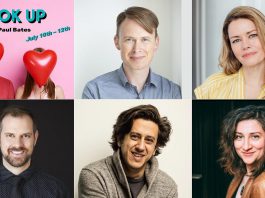 "Hookup" at Globus Theatre in Bobcaygeon from July 10 to 12, 2025 features improv performers (left to right, top and bottom) Paul Bates, Christy Bruce, Alastair Forbes, Kris Siddiqi, and Aurora Browne. (kawarthaNOW collage of supplied photos)