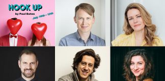 "Hookup" at Globus Theatre in Bobcaygeon from July 10 to 12, 2025 features improv performers (left to right, top and bottom) Paul Bates, Christy Bruce, Alastair Forbes, Kris Siddiqi, and Aurora Browne. (kawarthaNOW collage of supplied photos)