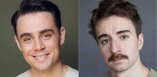 Jack Copland and Calvin Rea star in dual roles as two competing comic double acts in Globus Theatre's production of "The Comeback" by Ben Ashenden and Alex Owen, a U.K. comedy writing and acting duo. The Canadian premiere of the hit comedy runs for 11 performances in Bobcaygeon from July 30 to August 9, 2025. (kawarthaNOW collage of supplied photos)