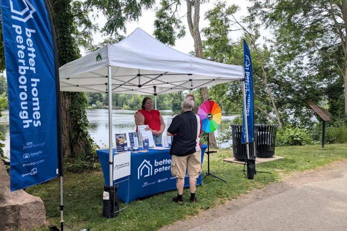 Heather Ray, the new local program coordinator for Better Homes Peterborough with EnviroCentre, speaks with a community member during the Canada Day festivities at Millennium Park. Better Homes Peterborough will be attending community events throughout the year to raise awareness about the program and its offerings among residents. (Photo: Clara Blakelock / GreenUP)