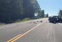 Five people were injured after two passenger vehicles and a motorcycle collided on Highway 28 just east of Bancroft on July 23, 2025. (Photo: Bancroft OPP)