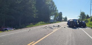 Five people were injured after two passenger vehicles and a motorcycle collided on Highway 28 just east of Bancroft on July 23, 2025. (Photo: Bancroft OPP)