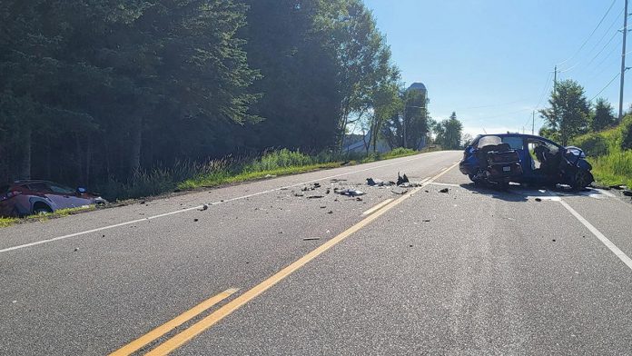 Five people were injured after two passenger vehicles and a motorcycle collided on Highway 28 just east of Bancroft on July 23, 2025. (Photo: Bancroft OPP) Five people were injured after two passenger vehicles and a motorcycle collided on Highway 28 just east of Bancroft on July 23, 2025. (Photo: Bancroft OPP)