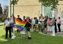 Kawartha Lakes Mayor Doug Elmslie (far left) participates in the raising of the Pride flag at Kawartha Lakes City Hall in Lindsay on July 8, 2024. Kawartha Lakes Pride kicks off its 10th anniversary Pride Week in 2025 with a flag-raising ceremony on Monday, July 7 at 10 a.m., with the week's celebrations concluding on Saturday in Lindsay with Pride in the Park in Victoria Park followed by a Pride After Dark party at The Wings World. (Photo: Kawartha Lakes Pride)