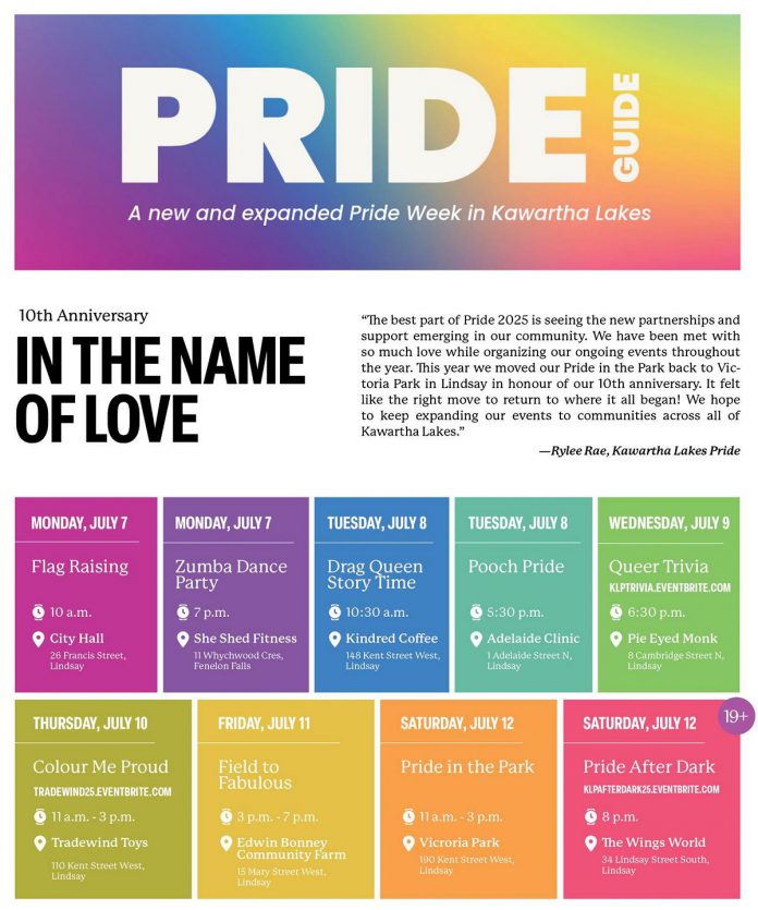 Events during Pride Week 2025 in Kawarthas Lakes. (Graphic: Kawartha Lakes Pride)