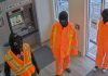Three male suspects in the atrium of the Kawartha Credit Union branch at 4088 County Rd 121 in Kinmount on June 30, 2025. (Police-supplied photo)