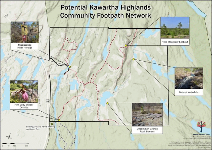 If Kawartha Land Trust succeeds in purchasing the 435-acre Kawartha Highlands South property, the land conservation organization intends to create three to five kilometres of public access community footpaths, with with the potential to connect the trails to existing ones in Kawartha Highlands Provincial Park. (Image: Kawartha Land Trust)