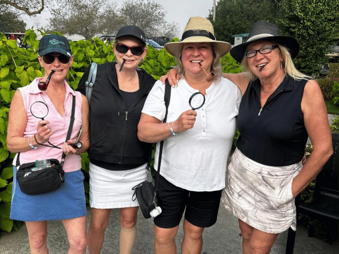 Each golfing event hosted by the Women's Adventures in Golf includes a theme for participating golfers, like the "Murder at the Club" event held at the Warkworth Golf Club in September 2024. For 2025, a game with a similar theme called "Mystery at the Club" takes place on Sunday, September 14 at Katchiwano Golf Club north of Lakefield, where golfers will collect clues that help GM Mavis Mustard solve a mystery. A donation made to the Kawartha Sexual Assault Centre earns participants an edge in the game. (Photo courtesy of Women's Adventures in Golf)