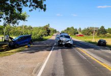 Three vehicles were involved in a collision on Lindsay Road east of Peterborough on July 3, 2025. Despite significant damage to two of the vehicles, no one was seriously injured. (Photo: Peterborough County OPP)