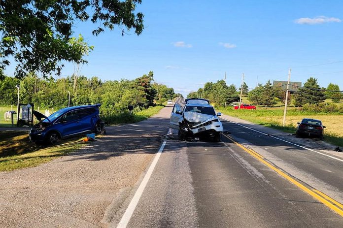 Three vehicles were involved in a collision on Lindsay Road east of Peterborough on July 3, 2025. Despite significant damage to two of the vehicles, no one was seriously injured. (Photo: Peterborough County OPP) Three vehicles were involved in a collision on Lindsay Road east of Peterborough on July 3, 2025. Despite significant damage to two of the vehicles, no one was seriously injured. (Photo: Peterborough County OPP)