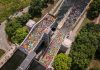 An aerial view of paddlers packed into the two tubs of the Peterborough Lift Lock for the seventh annual Lock & Paddle event on July 19, 2025. (Photo: Parks Canada)
