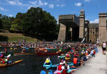 Some of the 1,400 paddlers in 978 canoes and kayaks who took part in the seventh annual Lock & Paddle event at the Peterborough Lift Lock on July 19, 2025. (Photo: Sean Bruce)