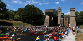 Some of the 1,400 paddlers in 978 canoes and kayaks who took part in the seventh annual Lock & Paddle event at the Peterborough Lift Lock on July 19, 2025. (Photo: Sean Bruce)