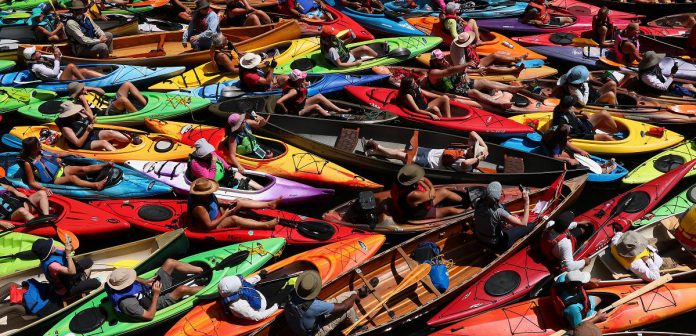 Paddlers squeezed together in one of the tubs of the Peterborough Lift Lock for the seventh annual Lock & Paddle event on July 19, 2025. (Photo: Sean Bruce)