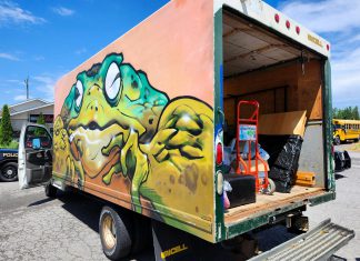 After being called by a person moving to Peterborough who said they were being asked by the mover they hired to pay more money or else the delivery would not be completed, police arrived on the scene and arrested and charged the Toronto driver of this truck with multiple offences including fraud. (Photo: Peterborough County OPP)