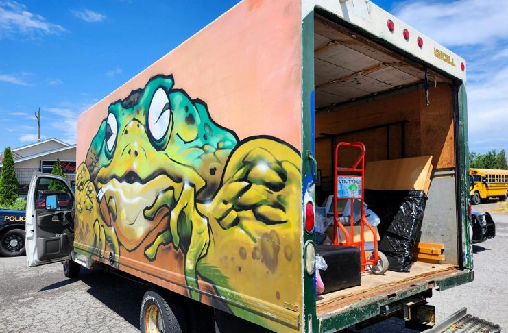 After being called by a person moving to Peterborough who said they were being asked by the mover they hired to pay more money or else the delivery would not be completed, police arrived on the scene and arrested and charged the Toronto driver of this truck with multiple offences including fraud. (Photo: Peterborough County OPP)