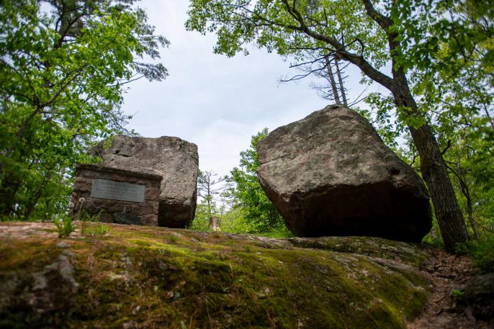 Located on property donated to the Buckhorn community by Charles and Edith Jones in 1963, the Adam & Eve Rocks are large glacial "erratics" left behind by the last ice age and named by early Trent Lakes settlers. According to local folklore, if you and a loved one each touch one of the boulders while holding hands and kissing, your lives will be blessed. (Photo: Kasandra Bateman)
