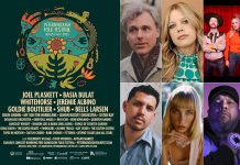 The lineup for the 36th annual Peterborough Folk Festival from August 14 to 17, 2025 includes headliners Joel Plaskett, Basia Bulat, Whitehorse, Jeremie Albino, Goldie Boultilier, and Shub. (kawarthaNOW collage, with festival logo by Brooklin Stormie)